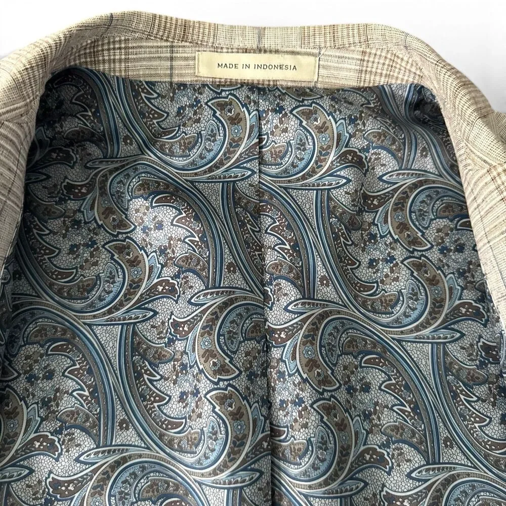 Joseph Abboud Paisley Linen Blazer Men 44S Slim Tan Plaid 2 Button Sport Coat